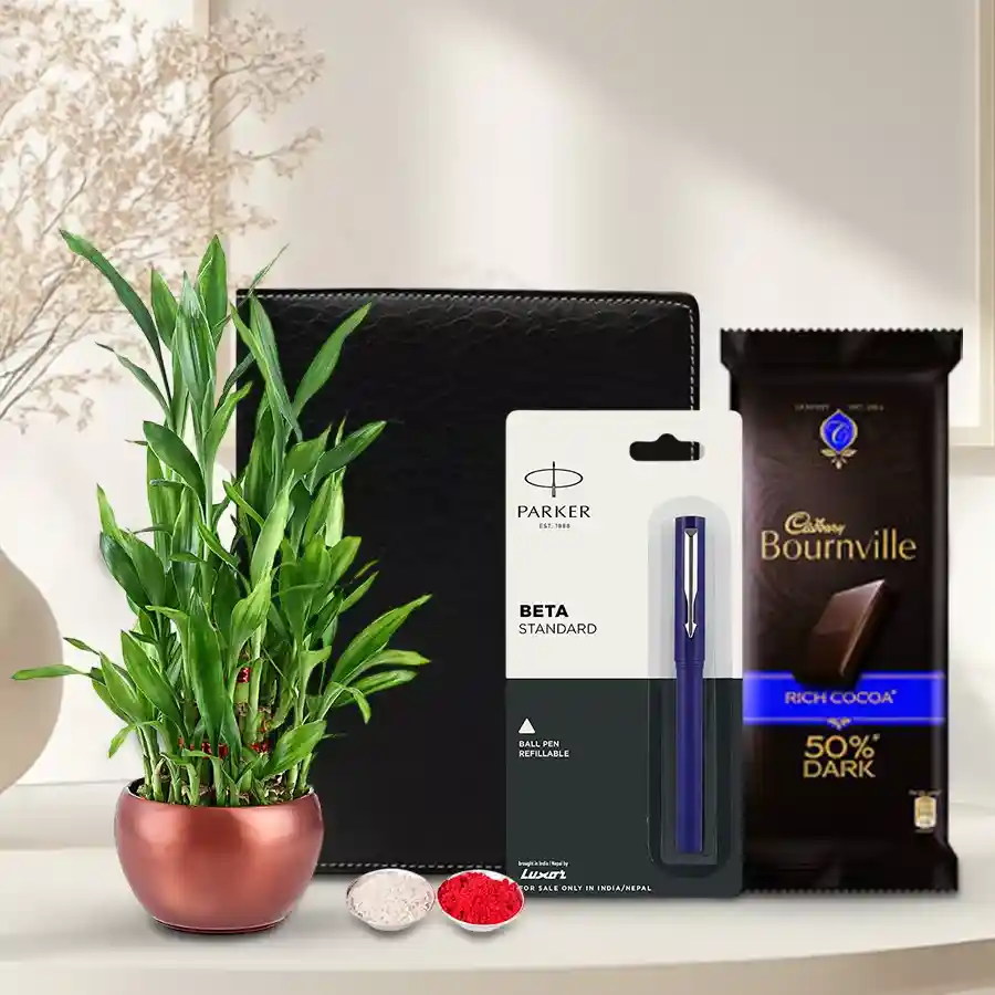 Eco-friendly gift combo for Bhai Dooj featuring a planner diary, Parker Beta pen, Cadbury Bournville chocolate, Lucky Bamboo plant, and traditional Roli, Tika, and Chawal.
