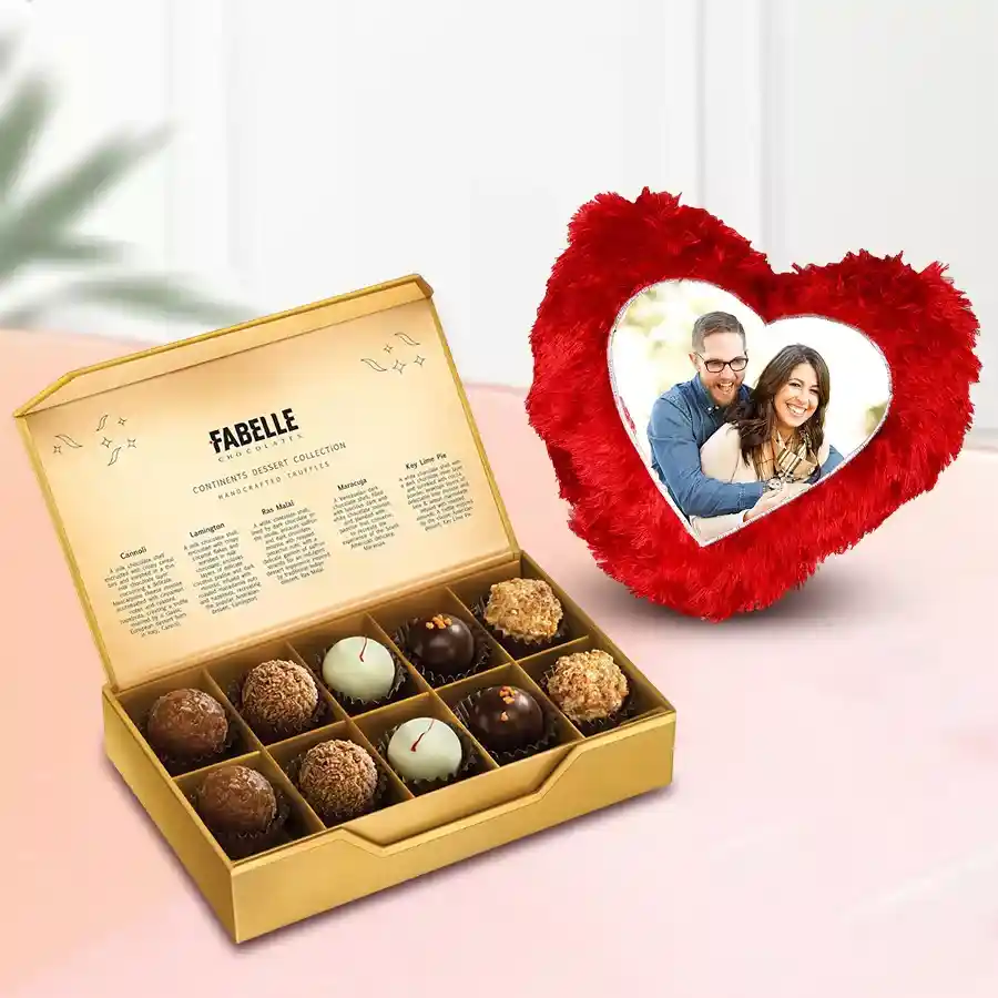 Personalized heart-shaped cushion with a photo and a box of 10 ITC Premium Chocolates