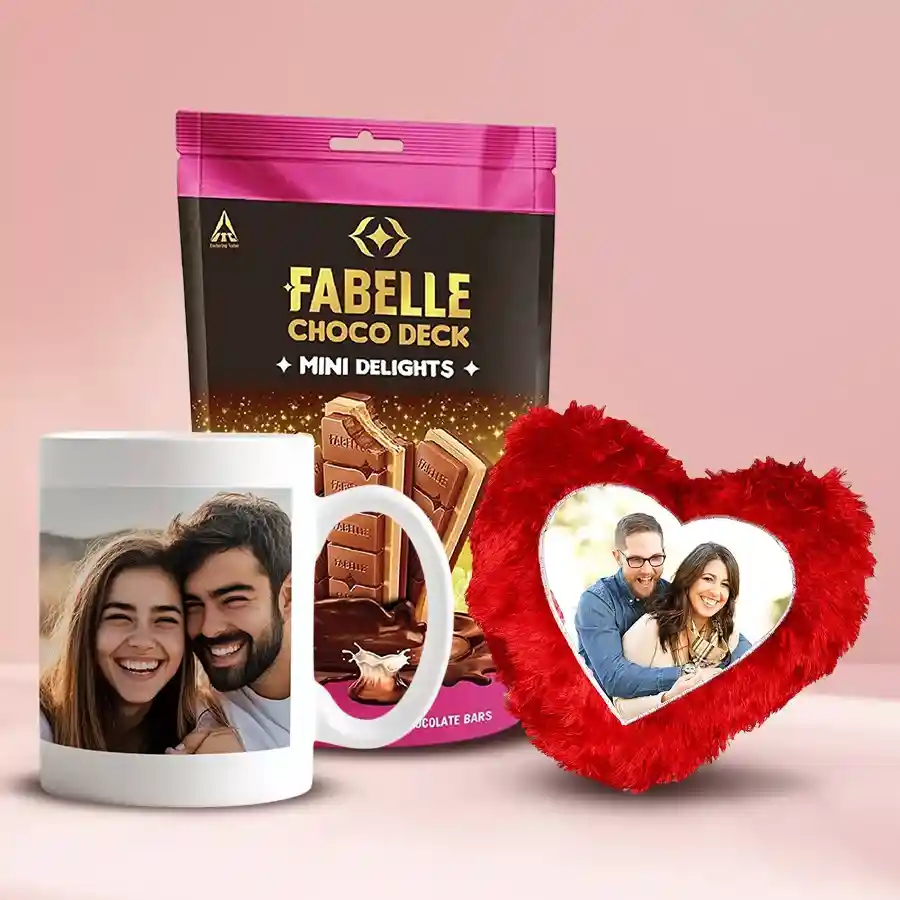 Perfect Triple Delight Gift package including a personalized heart-shaped cushion, a custom coffee mug, and a pack of Fabelle Choco Deck Mini Delights.
