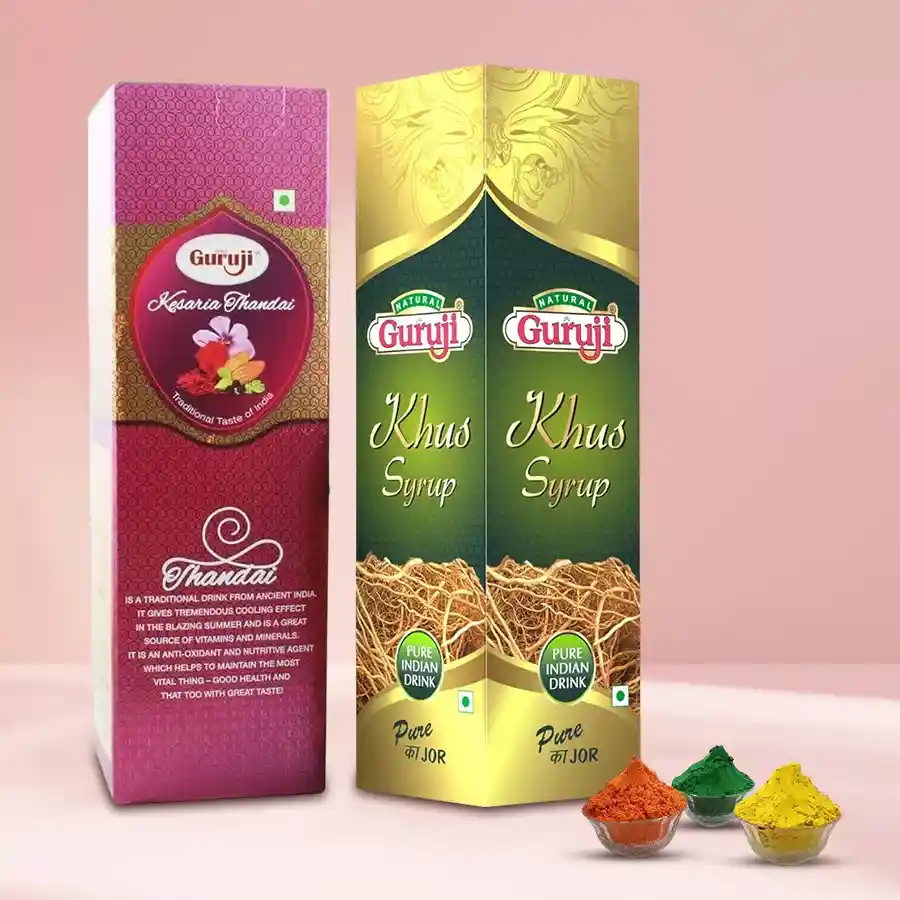 Perfect Holi Hamper featuring Kesar Thandai, Khus Sharbat, and eco-friendly Herbal Gulal