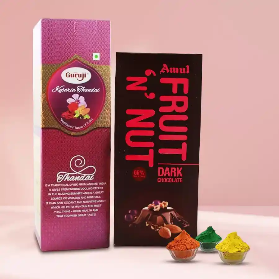 Special Holi Gift Pack featuring Gurujis Kesar Thadai, Amul Fruit n Nut Chocolate Bar, and Herbal Gulal in three colors