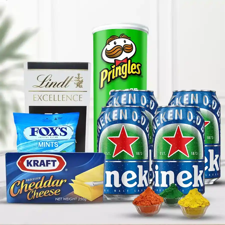 Exclusive Holi gift hamper featuring non-alcoholic drinks, imported chocolates, chips, cheddar cheese, and herbal gulal colors, all presented vibrantly for festive celebrations.