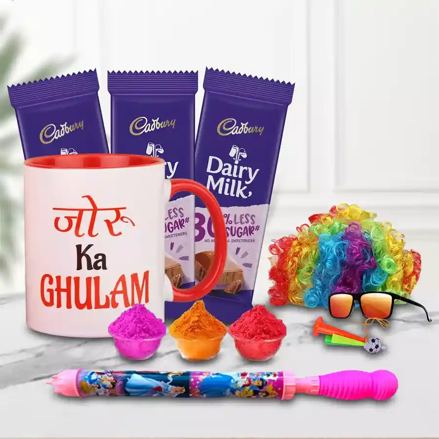 Playful Holi hamper with "Joru Ka Gulam" coffee mug, Cadbury Dairy Milk chocolates, colorful herbal gulal, pichkari, and Holi confetti items