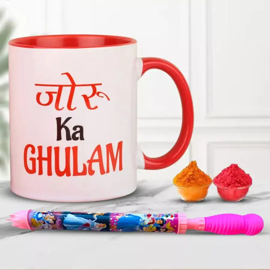 Playful Holi gift set featuring "Joru n Joru Ka Gulam" coffee mugs, two packets of herbal gulal, and a colorful pichkari.