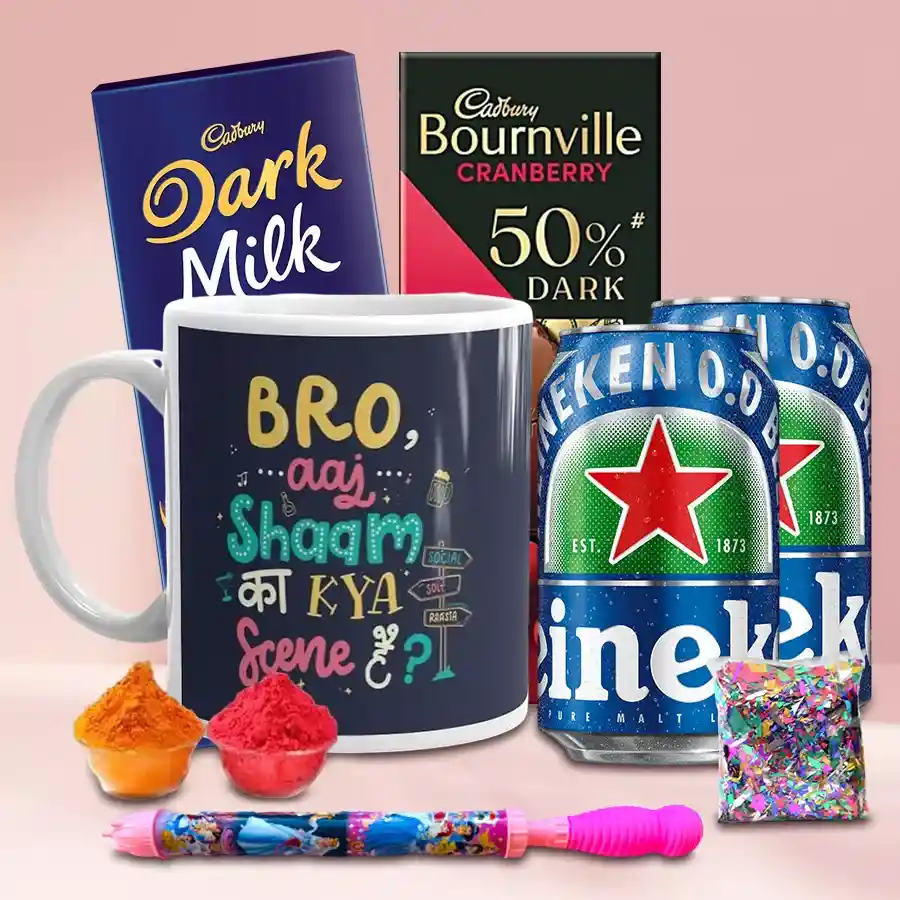 A colorful assortment of Holi gifts including a "Bro Kya Scene Hai" coffee mug, non-alcoholic drinks, Cadbury chocolates, vibrant herbal colors, festive confetti, and a stylish pichkari, arranged beautifully for the celebration.