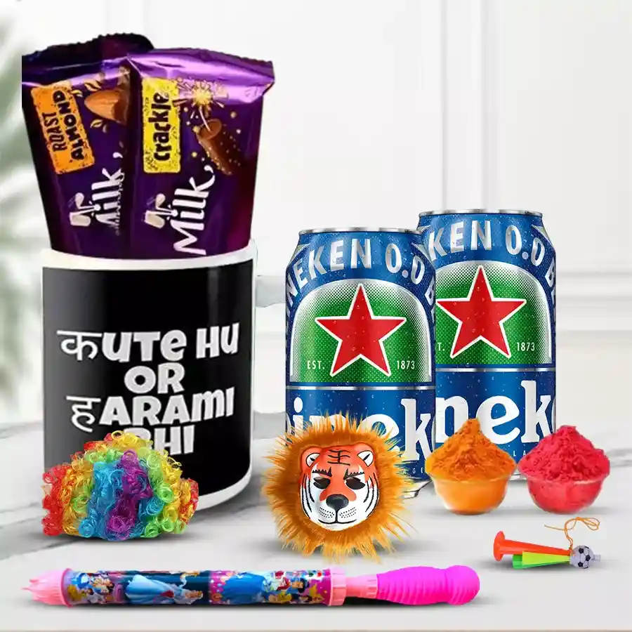 Colorful Holi gift set with a quirky coffee mug, Cadbury chocolates, non-alcoholic drinks, herbal colors, and a fun Holi essentials kit including a cap, whistle, mask, and pichkari.