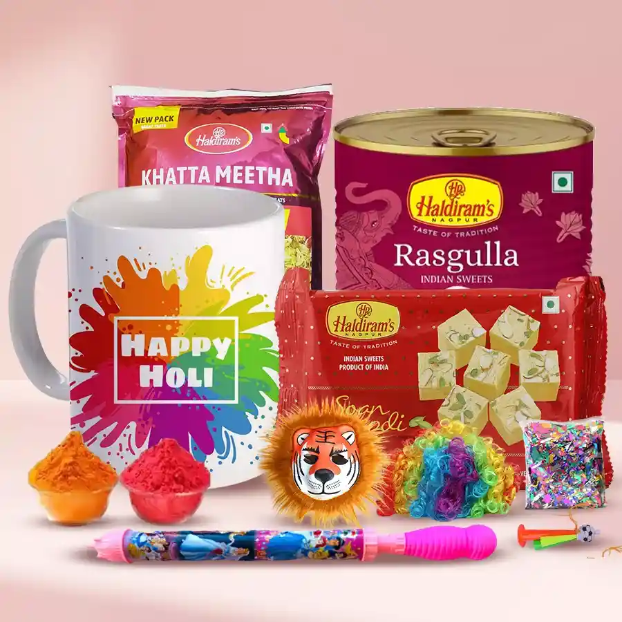 Vibrant Holi gift pack featuring a coffee mug, Haldirams sweets, eco-friendly gulal, a pichkari water gun, confetti items, and colorful decorations for celebrating the festival.