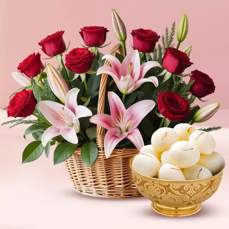 A beautiful basket arrangement featuring 12 roses, 4 pink lilies, and 10 pieces of rasgulla, perfect for celebrations.