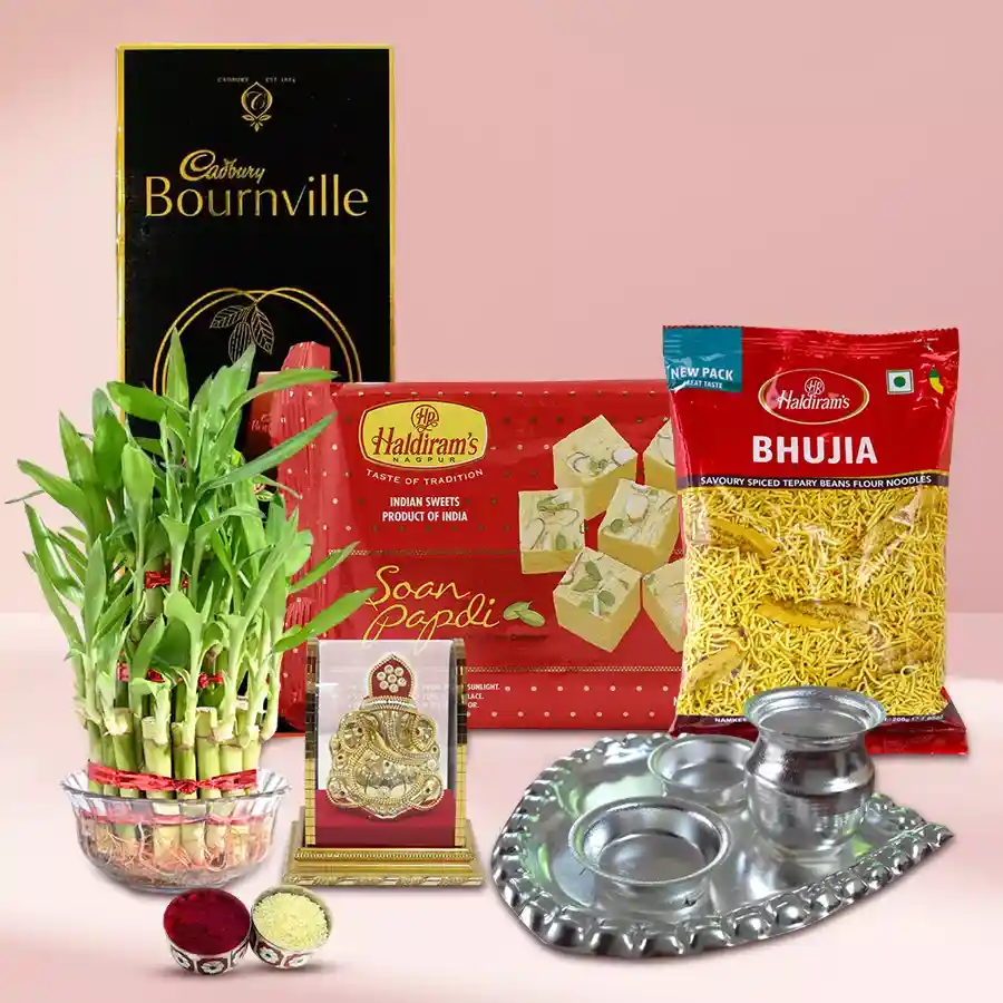 2 Tier Lucky Bamboo Gift Combo with Vighnesh Ganesh idol, silver-plated paan-shaped pooja thali, Haldirams snacks, and complimentary Roli, Tika, and Chawal.