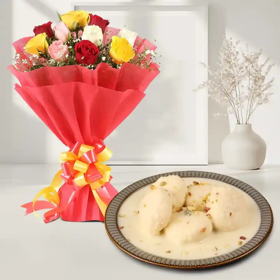 A charming bouquet of ten mixed roses with a side of ten pieces of creamy rosomalai treats.