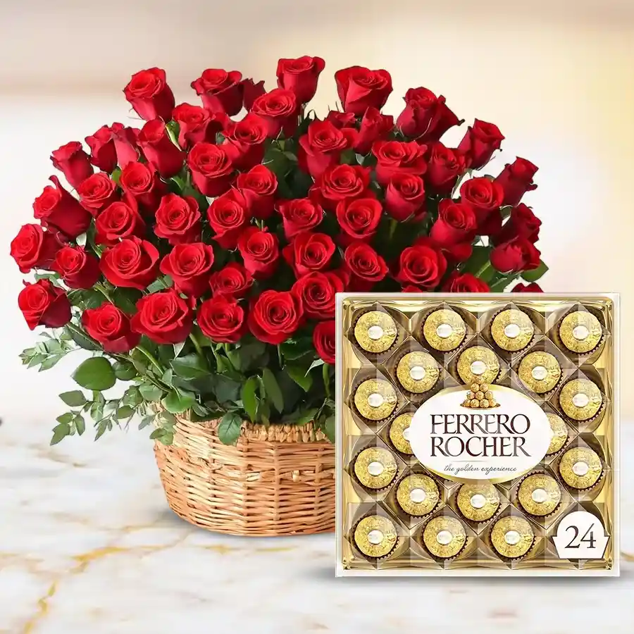 100 red roses and 24-piece Ferrero Rocher gift arrangement.