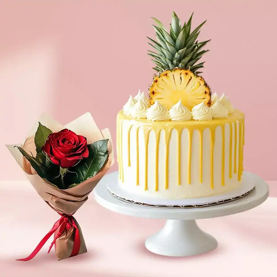 A delightful combo featuring a 1Lb Pineapple Cake and a single Red Rose for celebrations.