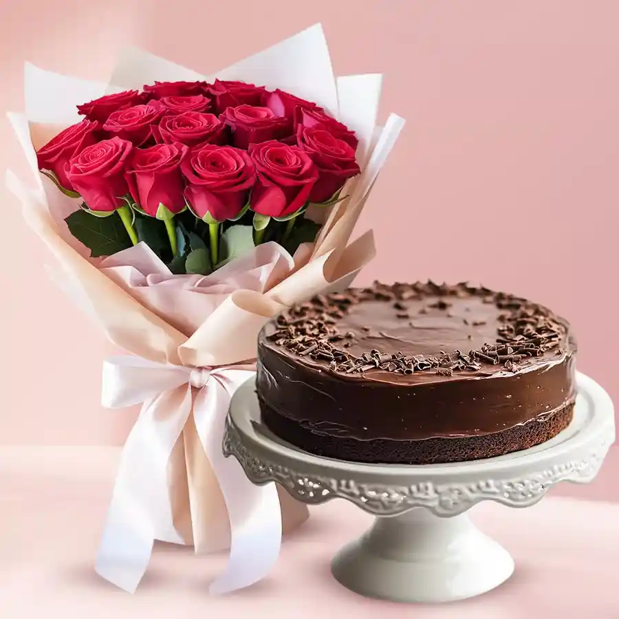 A stunning combination of 12 red roses and a 2.2 lb chocolate cake, perfect for expressing love and joy.