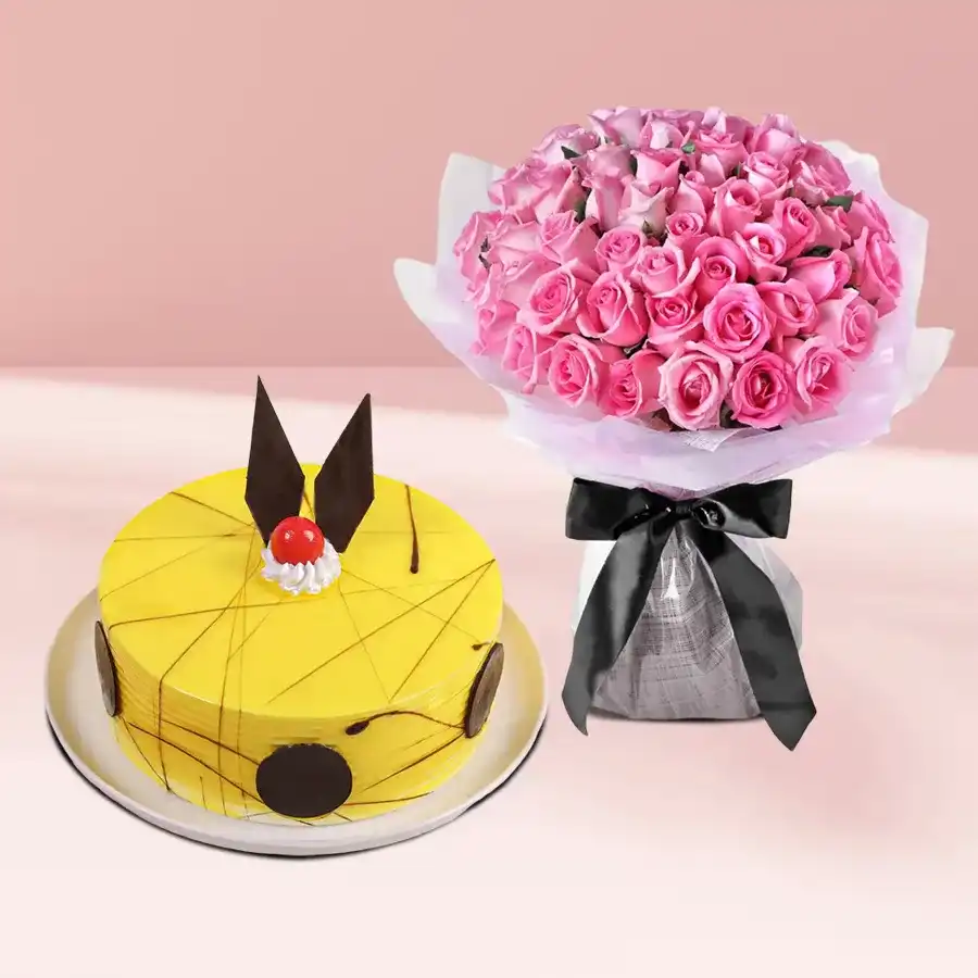 Blissful Pineapple Cake from 5 Star Bakery with 12 roses bouquet, perfect for special occasions.