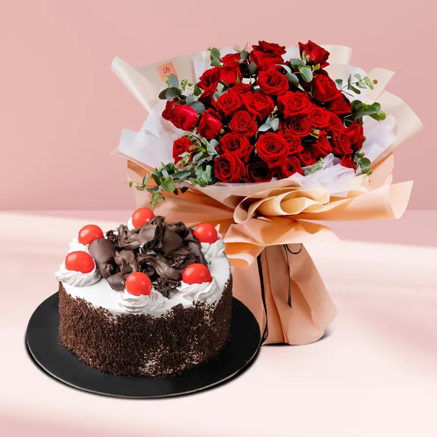 Enchanting Black Forest Cake from 5 Star Bakery with a bouquet of 12 roses.