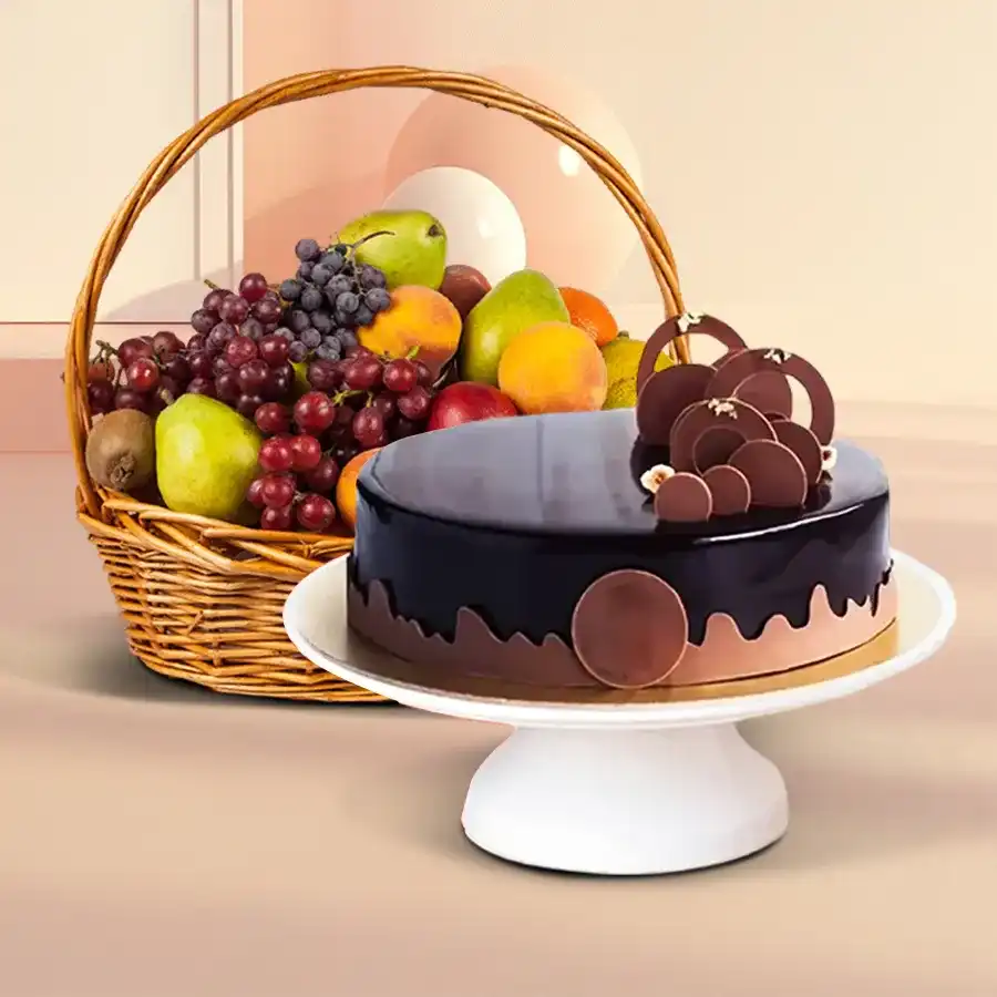 Sumptuous chocolate cake and fruits basket from 5 Star Bakery for joyful gifting.