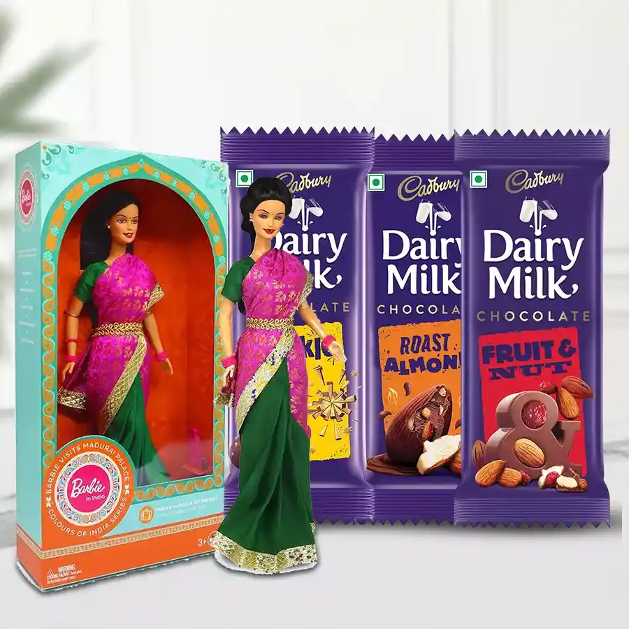 Marvelous Barbie figure alongside three Cadbury chocolate bars in a cheerful gift set