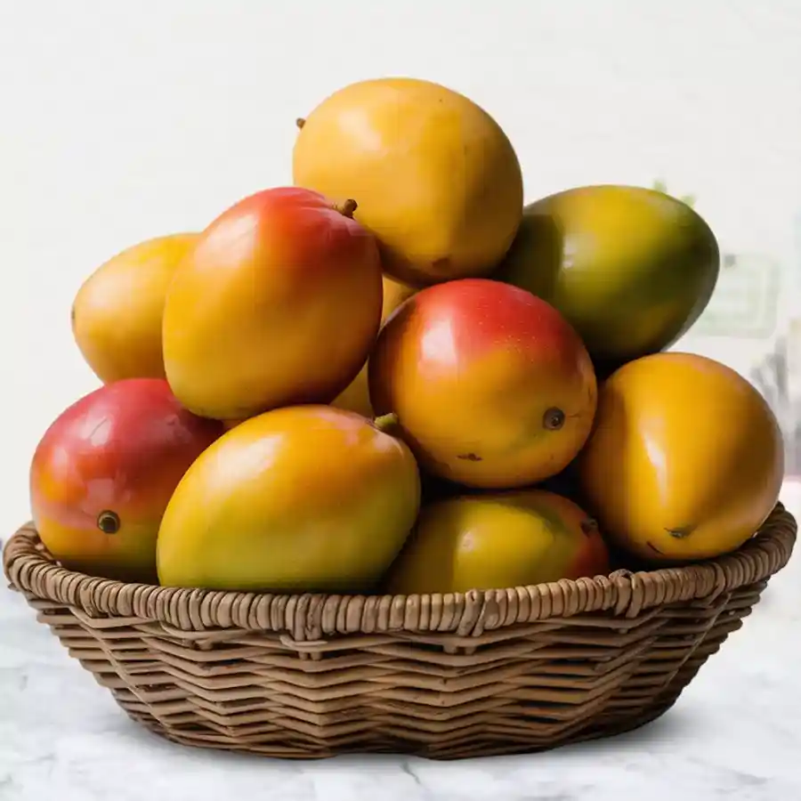 Two kilograms of fresh mangoes arranged in an attractive basket.