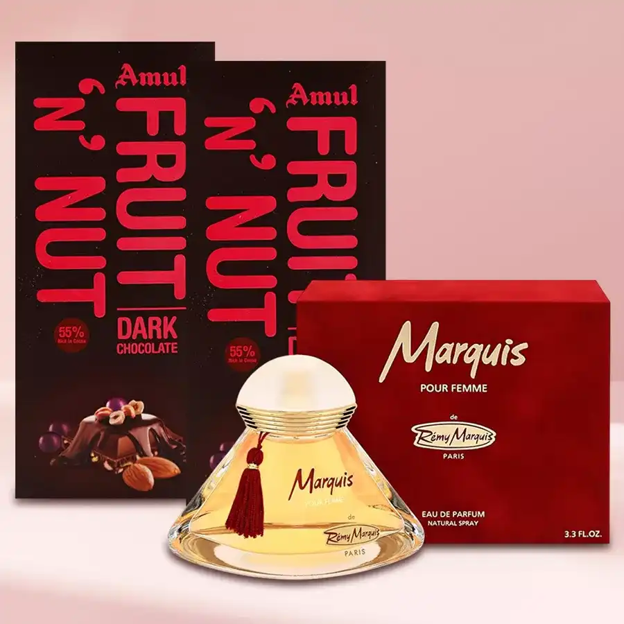 Remy Marquis Pour Perfume for Women with Amul Chocolate Bars in an elegant gift presentation