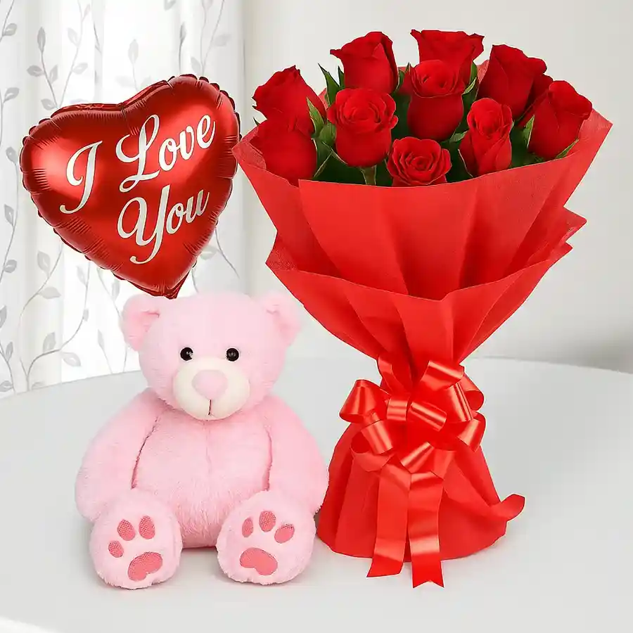 Mother's Day gift featuring fresh roses, a cute teddy bear, and a cheerful balloon to express love and warmth.