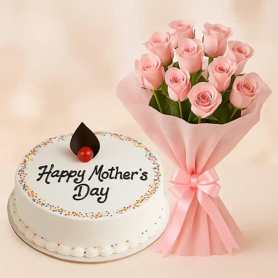 A beautiful bouquet of 12 pink roses next to a 1/2 kg cake, perfect for Mother's Day gifting.