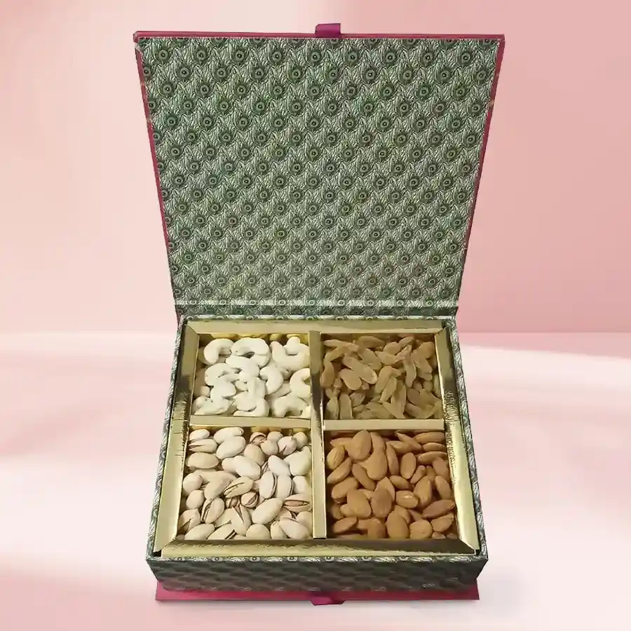 Pack of assorted dry fruits labeled "Nutty Love for Mom," celebrating health and affection with a 500g selection.