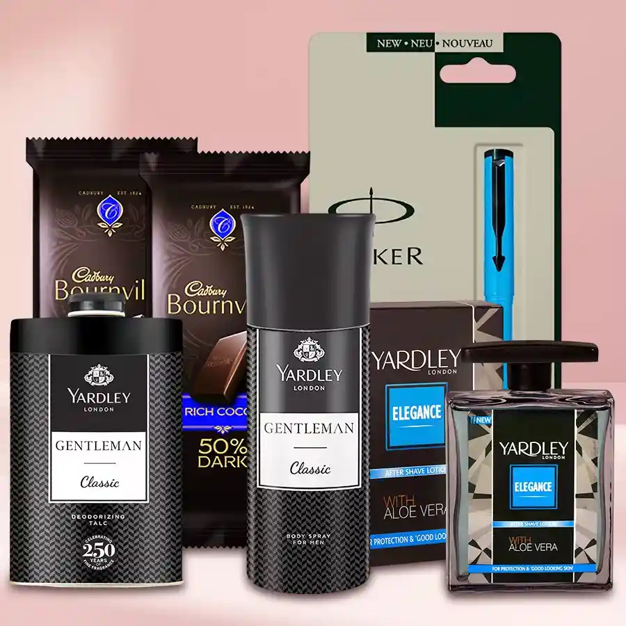 Unique gift set for men featuring a Parker Beta Pen, Cadbury Bournville Chocolates, Yardleys Body Spray, Deodorising Talc, and Aftershave Lotion, all arranged beautifully.