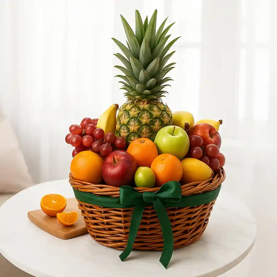 A vibrant 1Kg basket filled with fresh seasonal fruits, perfect for Mother's Day celebrations.