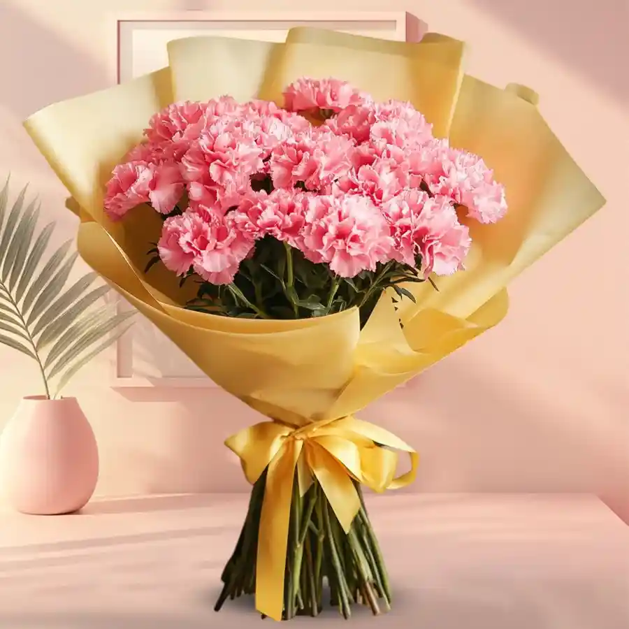 A beautifully arranged bouquet of 12 pink carnations celebrating Mother's Day.
