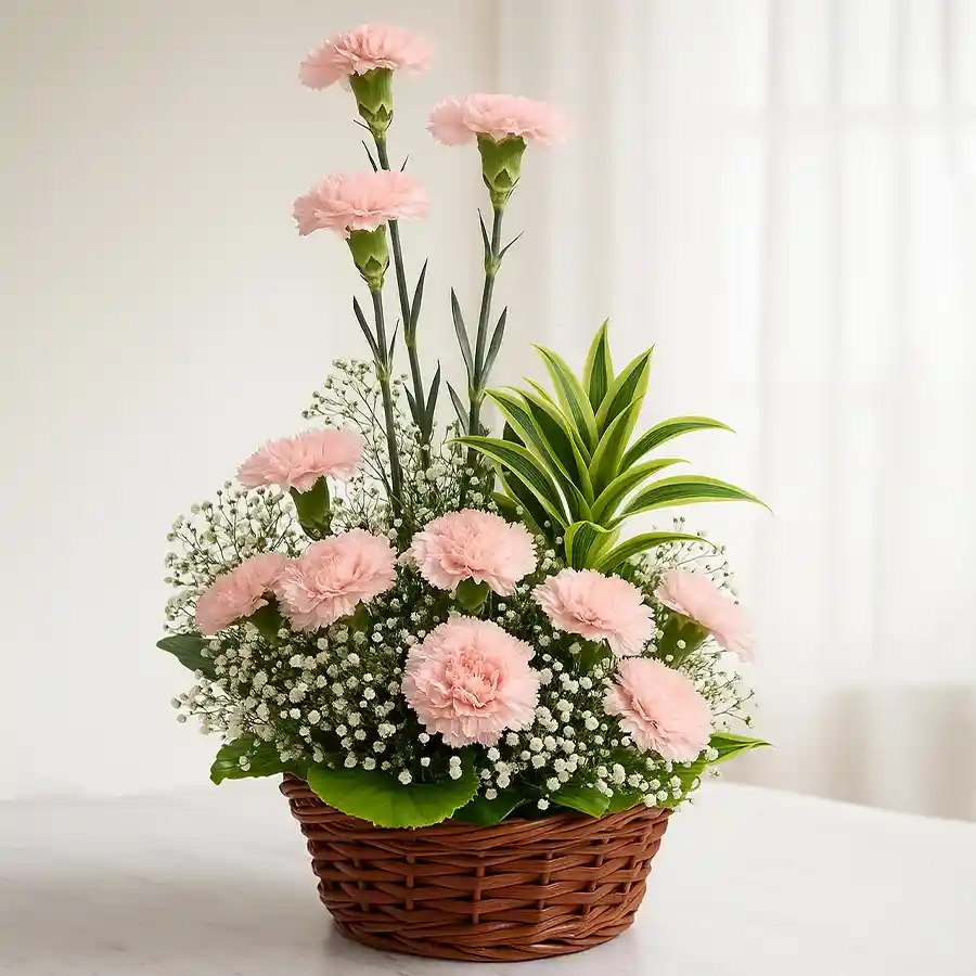 Charming gift basket featuring 12 pink carnations, a teddy bear, and a balloon, perfect for Mother's Day.