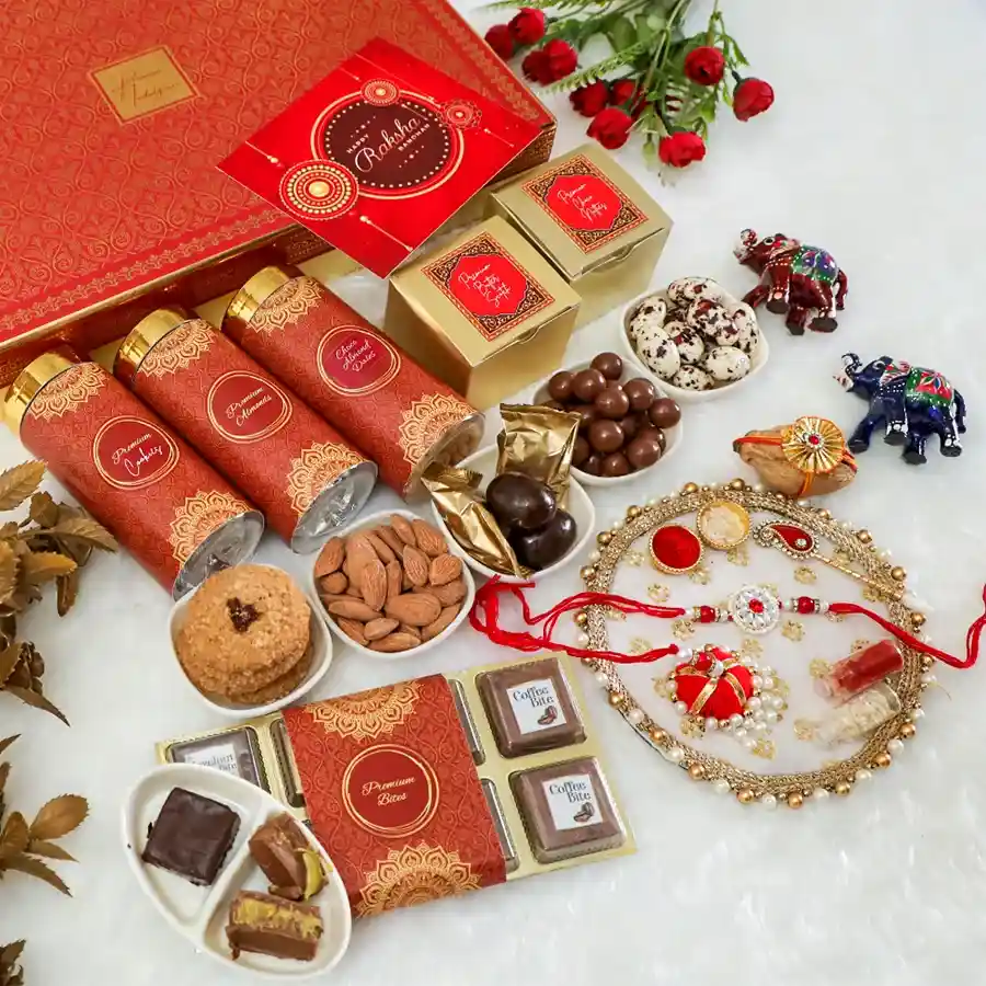 Nutty Indulgence Rakhi Festivity Set with treats and rakhi.