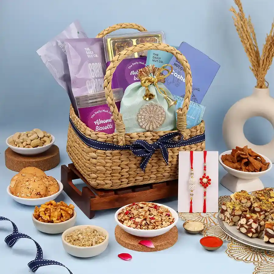 Savor the Tradition Rakhi Gift Set with cashews, biscotti, rakhis, and more, perfect for Raksha Bandhan celebrations.