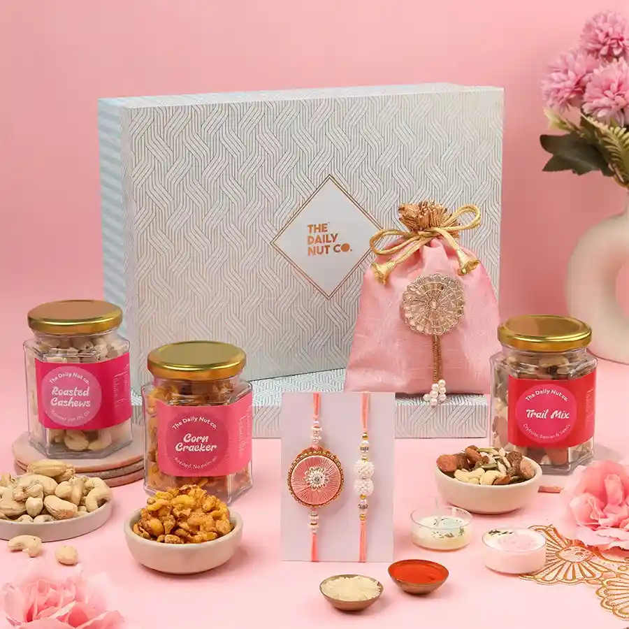 Crunchy Rakhi Joy Pack with snacks and Rakhis for Raksha Bandhan.