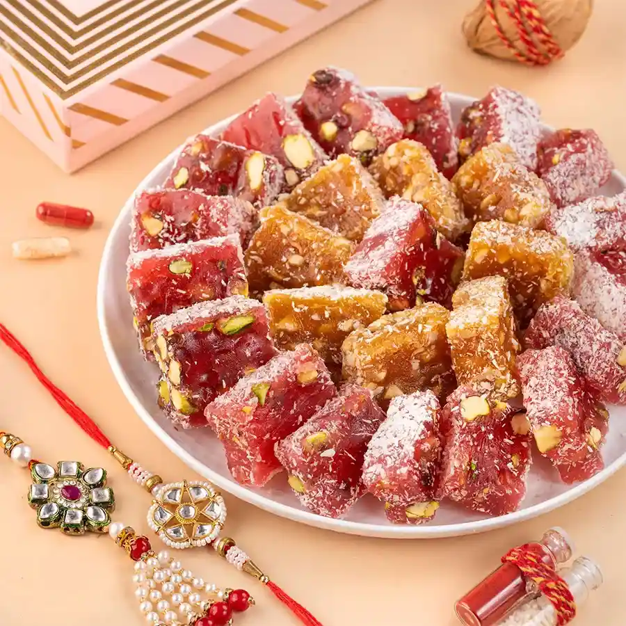 Exclusive Rakhi & Turkish Delights Gift featuring Turkish Delight and Kundan Rakhis.
