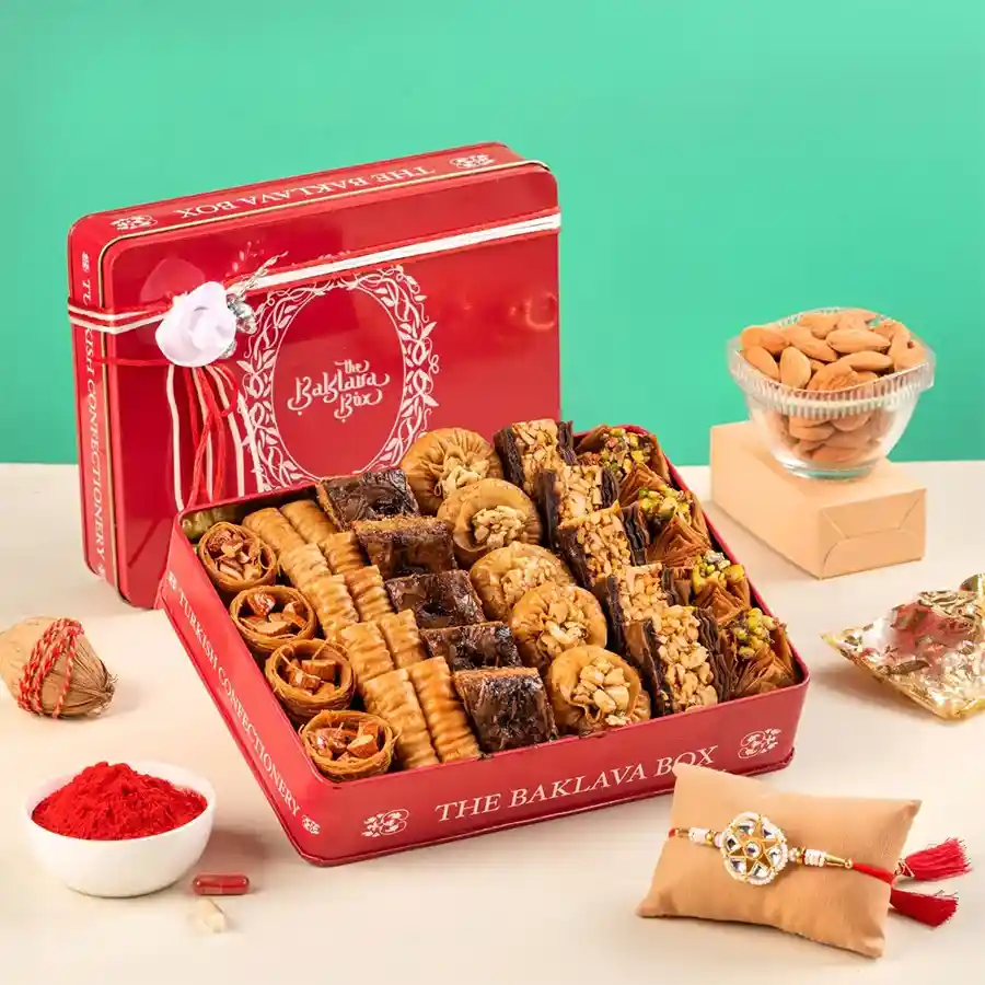 Classic Rakhi & Baklava Treats featuring assorted baklavas and a decorative Rakhi.