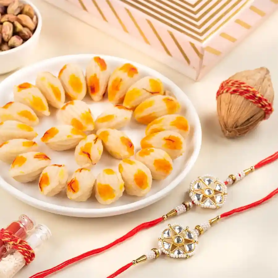 Sweet Rakhi Gift Box with Almond Butterscotch Mithai and Rakhis.