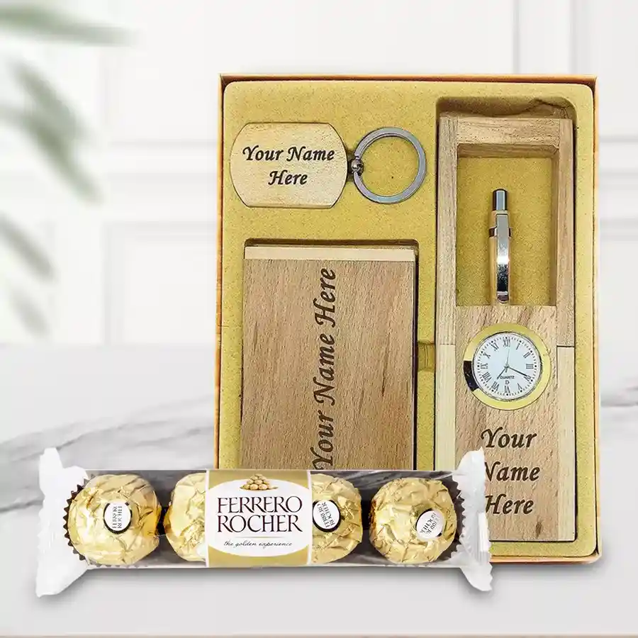Personalized desktop accessory set with custom-engraved pen, watch, visiting card holder, keychain, and Ferrero Rocher chocolates