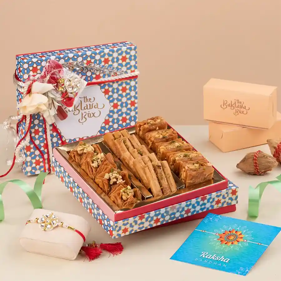 Rakhi & Baklava Celebration Box with assorted baklava and Rakhis.