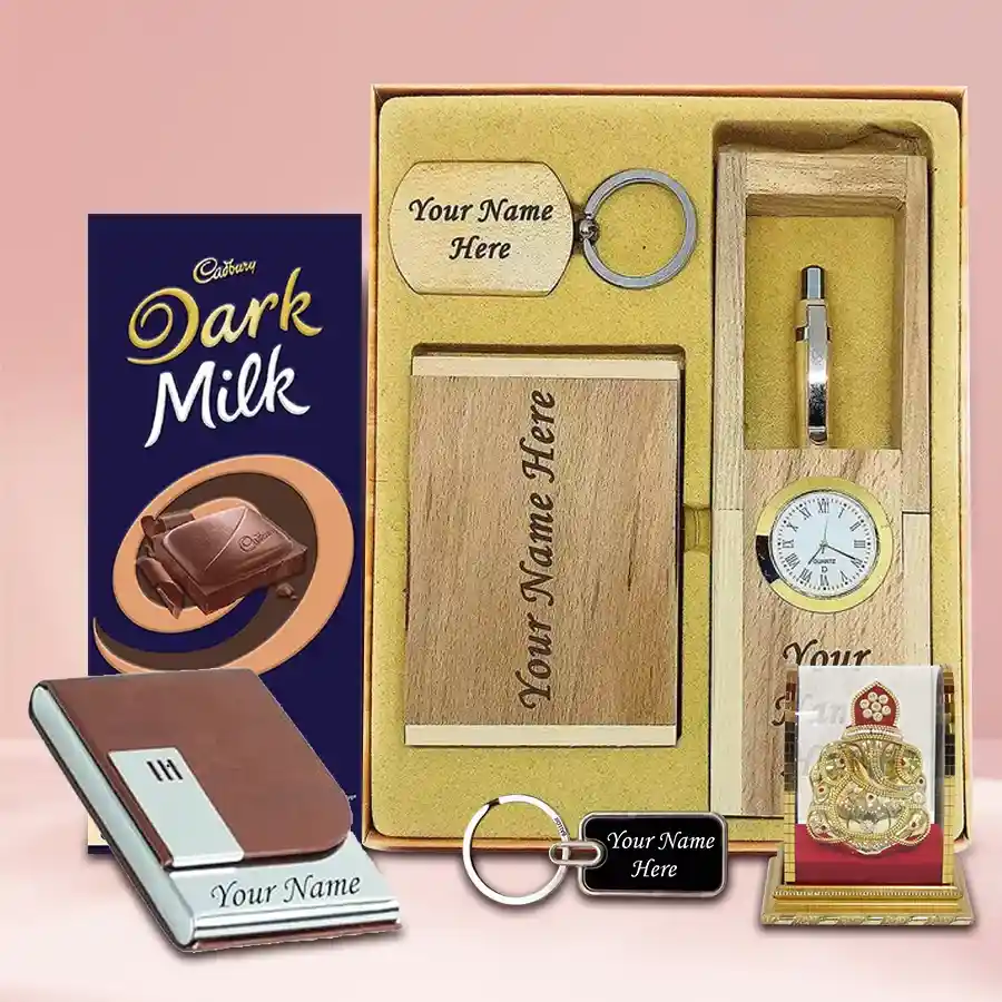 Personalized gift set for brother including a Vighnesh idol, Cadbury Dark Milk chocolate, custom pen, sleek watch, personalized visiting card holder, and unique keychain.
