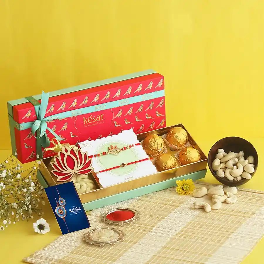Special Rakhi Celebration Gift Box with Rakhis, cashews, and laddoos.