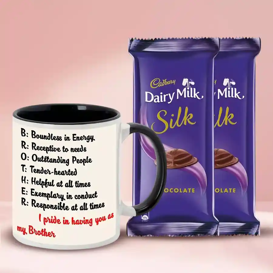 Coffee mug with two Cadbury Dairy Milk Silk bars on a table