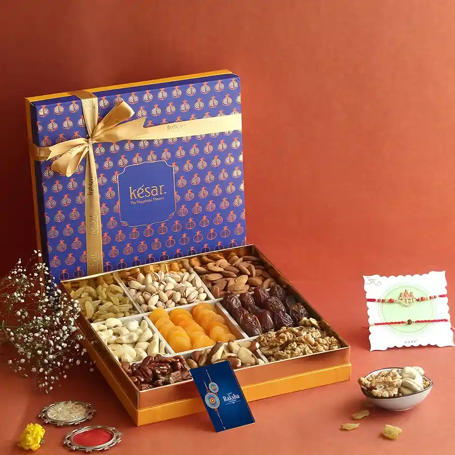 Exquisite Nuts & Rakhi Ensemble with premium nuts and two Ram Rudra Rakhis.