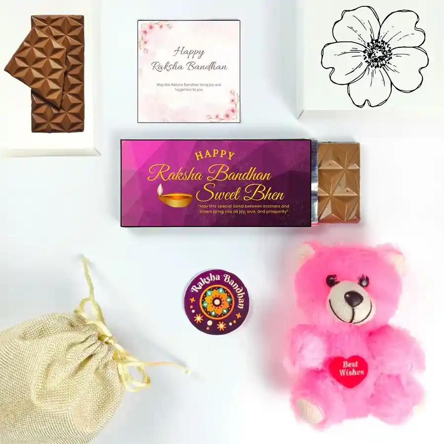 Sisterly Love Rakhi Gift Set with chocolate, teddy, greeting card, and jute potli.
