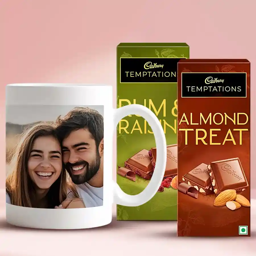 Personalized photo mug with two Cadbury Temptations chocolates on a table