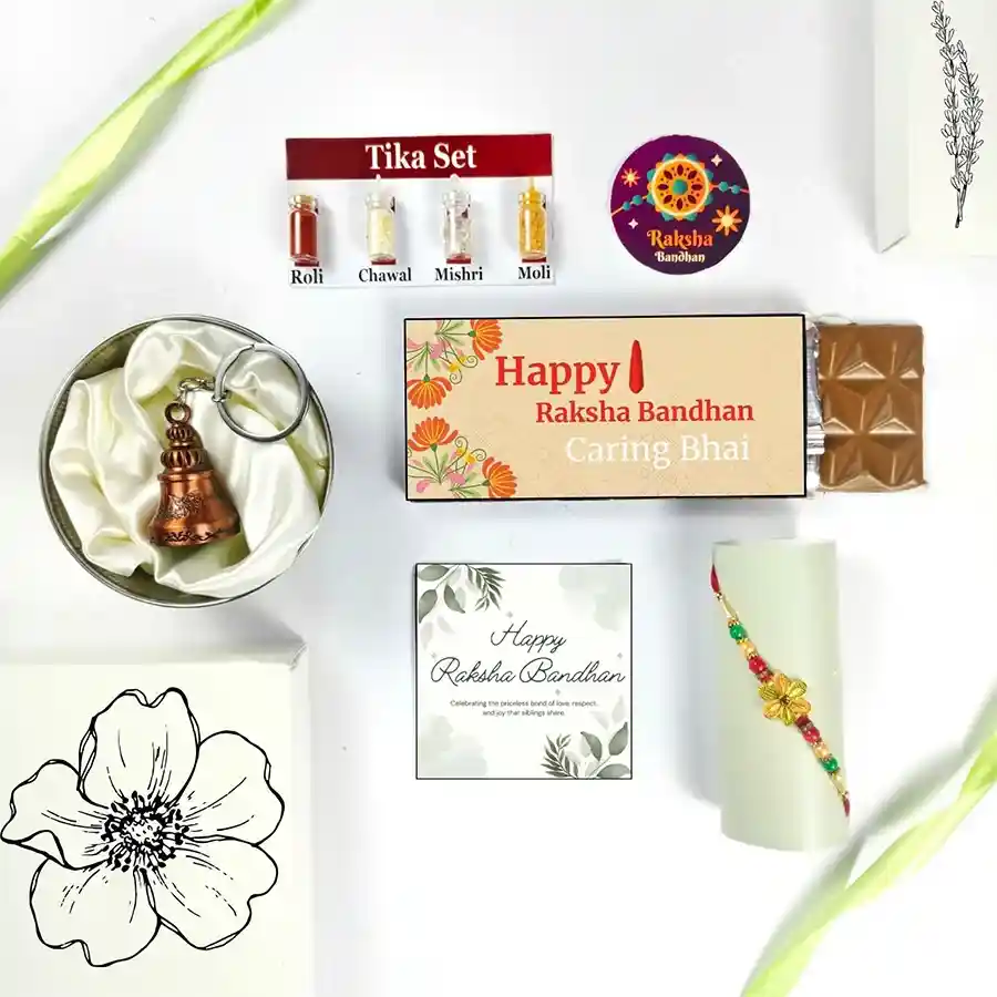 Sweet Chocolate & Rakhi Set featuring a chocolate bar, greeting card, Rakhi, Tika set, and Guardian Bell for Raksha Bandhan festivities.
