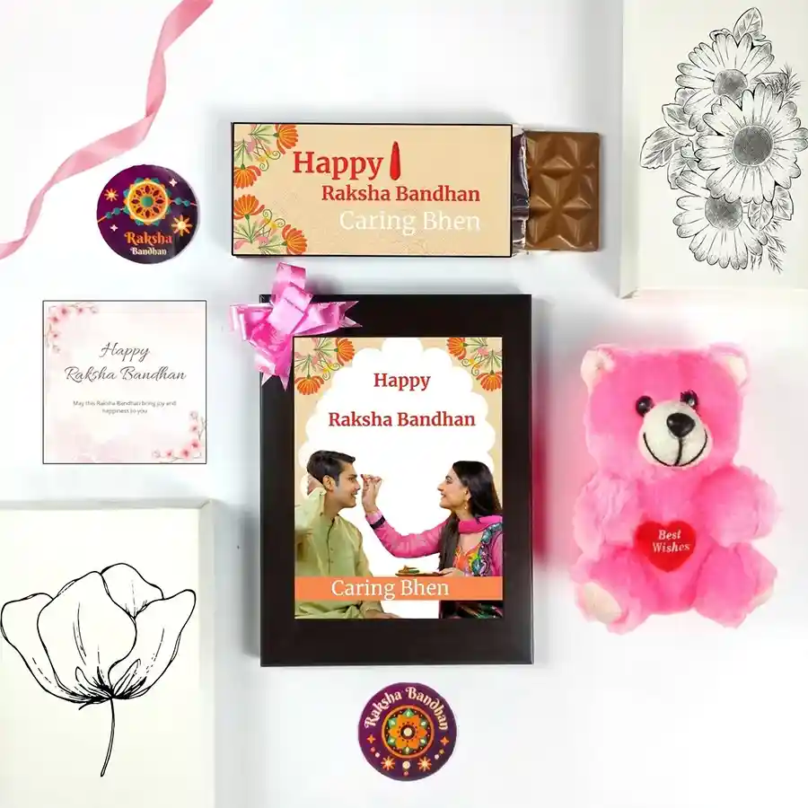 Sisterly Love Rakhi Celebration Hamper with chocolate, teddy, photo frame, and greeting card.
