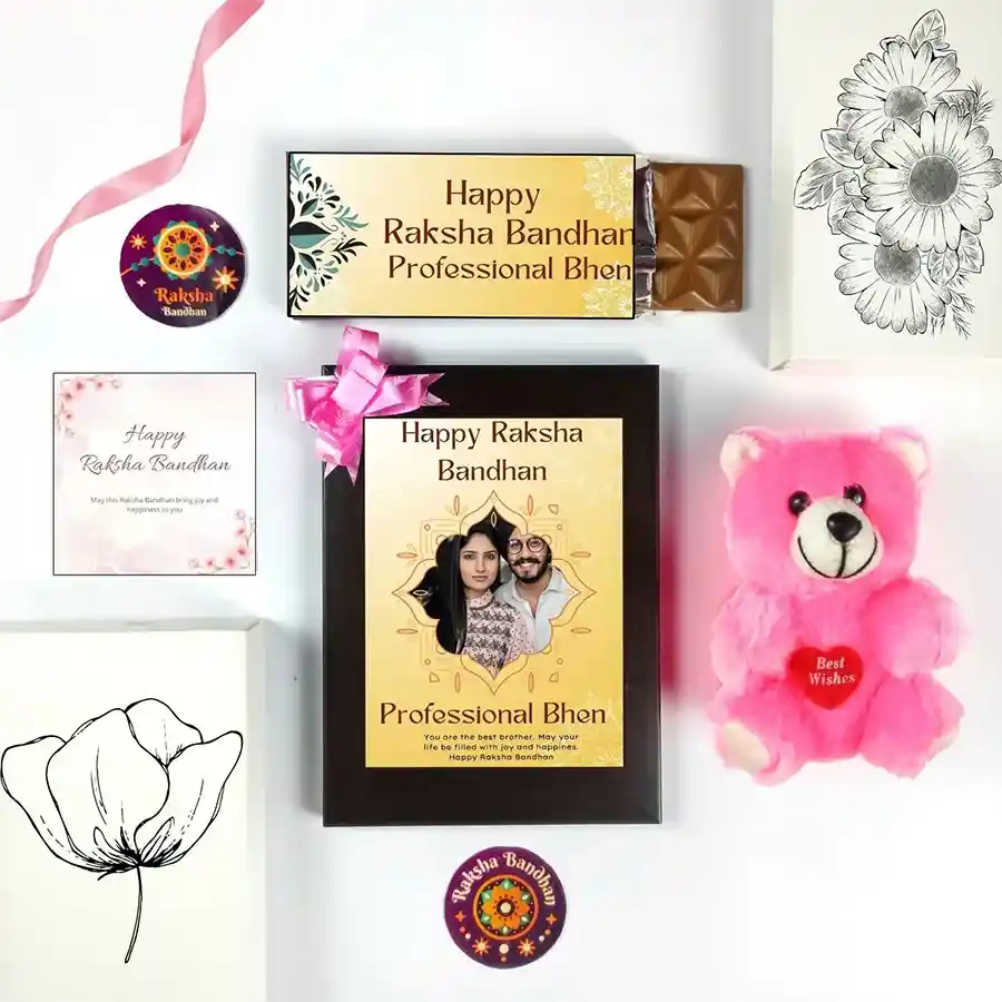 Heartwarming Rakhi Keepsake Collection featuring chocolate, teddy, frame, and card.