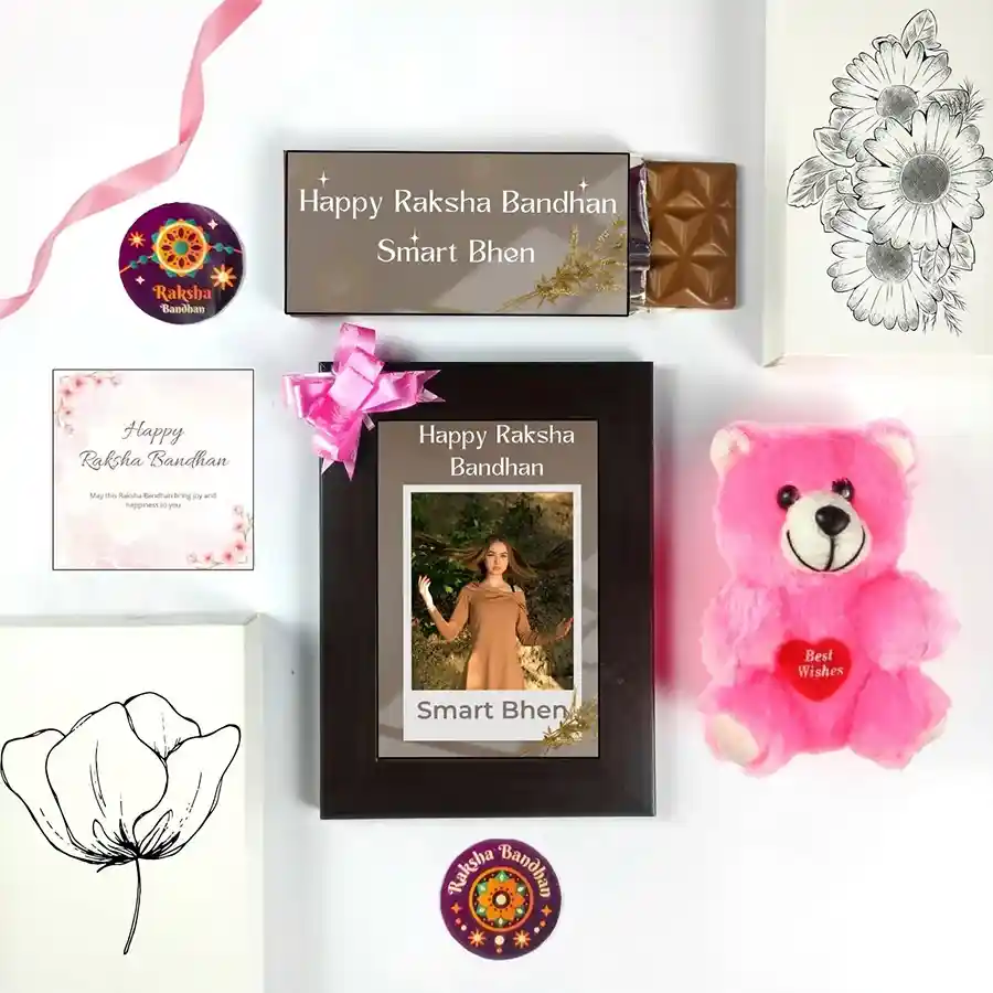 Sisterly Joy Rakhi Gift Set with chocolate bar, photo frame, teddy, and greeting card.