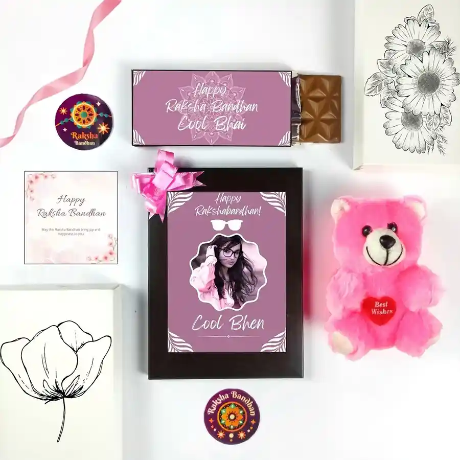 Sisterly Smiles Rakhi Celebration Gift Pack with chocolate, photo frame, teddy, and greeting card for Raksha Bandhan.