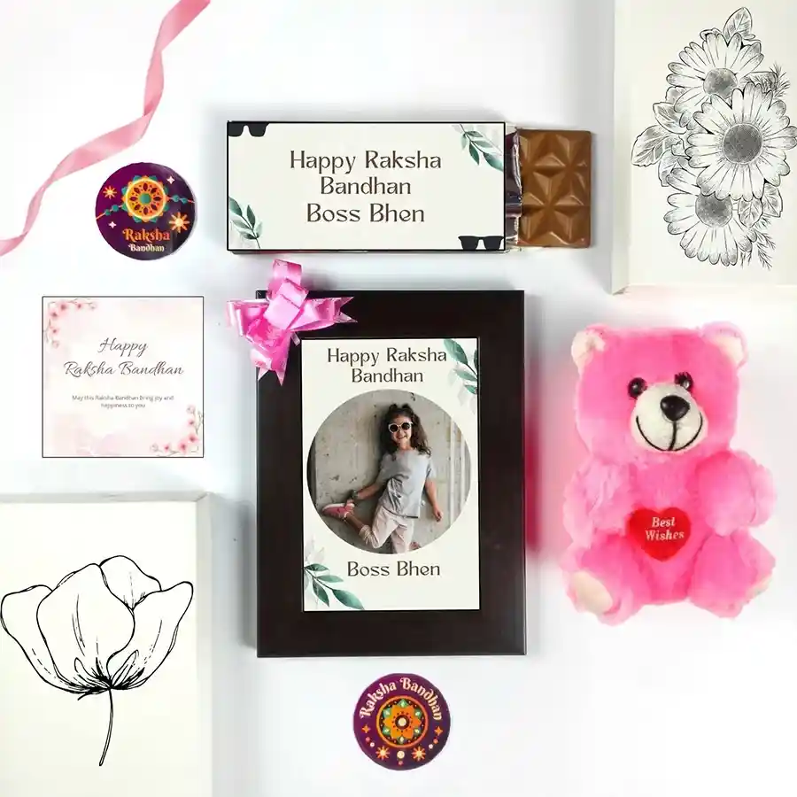 Sisterhood Rakhi Celebration Gift Set featuring chocolate, photo frame, teddy, and greeting card celebrating sisterhood.